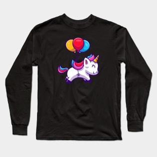 Cute Unicorn Floating With Balloon Cartoon Long Sleeve T-Shirt